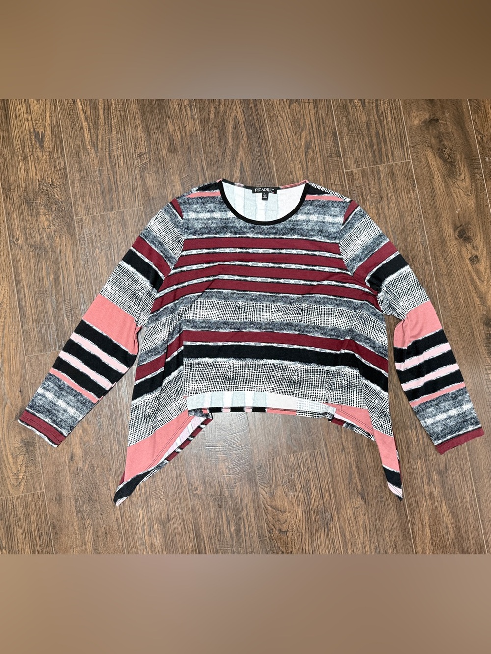 PICADILLY MULTICOLOR STRIPED BLACK GRAY ROSE MAROON ASYMMETRICAL LONG SLEEVE TOP